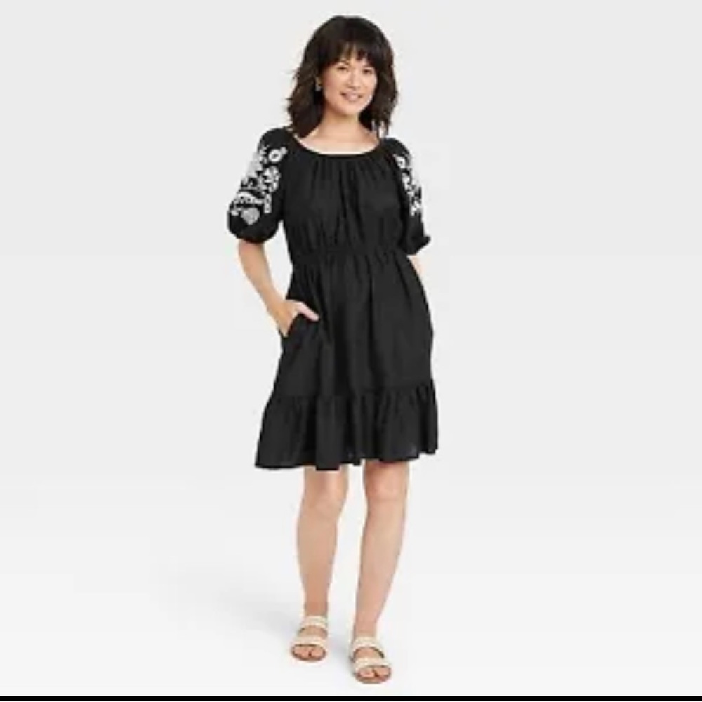 Women's 3/4 Sleeve Embroidered Dress - Knox Rose Black S